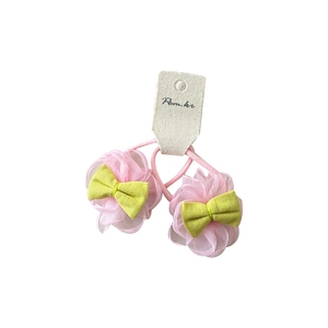 Cute pink mesh flower hair ties with green bows for girls, ponytail holders on card