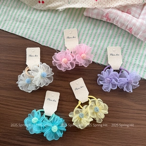Chouchous fleurs en tulle pastel pour filles, lot de cinq couleurs avec élastique