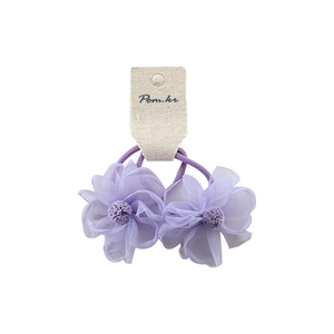 Paire d'élastiques à cheveux fleurs en résille violette avec pompon doux