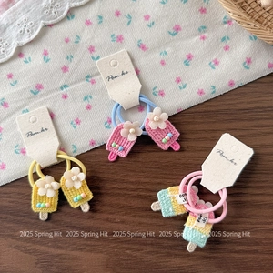 Handmade crochet ice cream hair ties set with floral embroidery for girls in spring style