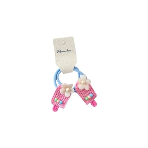 Pink knitted ice cream hair ties with flowers and blue elastic bands for girls