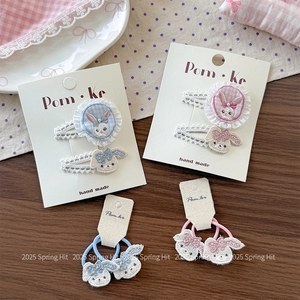 Pinces à Cheveux Broderie Lapin Mignonnes Fait Main Dentelle Plaid Nœud Élastiques pour Filles Enfants Accessoires Cheveux