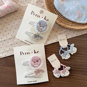 Barrettes à cheveux brodées lapin avec dentelle et nœud pour coiffure de filles
