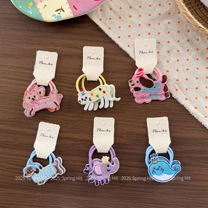 Set of 6 cute embroidered cartoon animal hair ties in pastel colors for girls