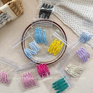 Colorful drop-shaped BB hair clips set for girls in matte candy colors and blue plaid