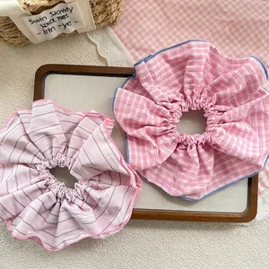 Korean Style Sweet Pink Plaid Striped Oversized Fabric Scrunchies Fashionable Hair Ties For Girls Decorative Accessories
