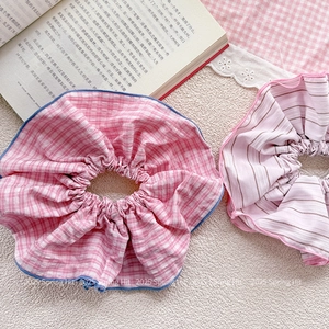 Two-pack sweet pink striped and plaid oversized scrunchies in Korean fashion style