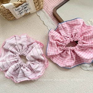 Chic Korean style oversized striped and checkered pink hair scrunchies for women