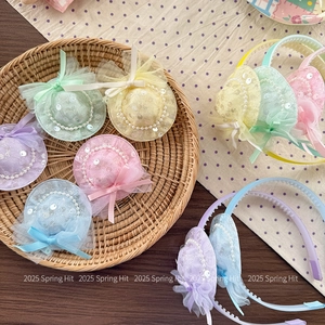 Kids sequin flower hat headband set with pearls and mesh in various macaron colors