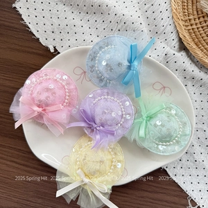 Mini sequin flower straw hats for girls featuring pearls and lace in pastel colors