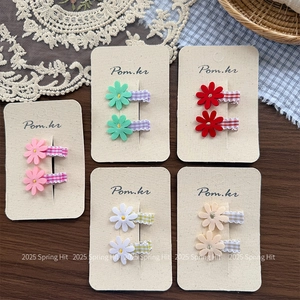 Korean Style Daisy Flower Hair Clips Fabric Wrapped Gingham Duckbill Clip Rhinestone Sweet Floral Hairpins For Kids Women