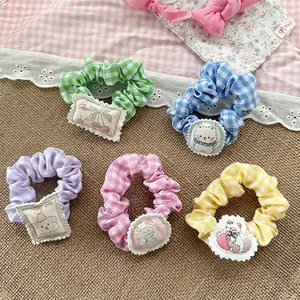 Sweet Plaid Fabric Scrunchies With Cute Cartoon Patch Gingham Hair Ties For Kids Girls Handmade Elastic Hair Bands