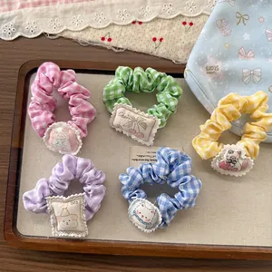5-piece set of cute checkered scrunchies with cartoon patches for girls and kids