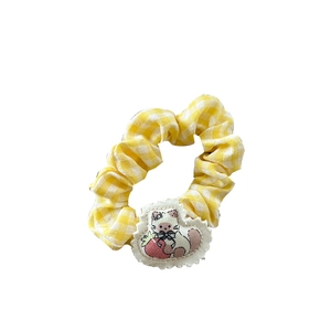 Cute yellow plaid scrunchie with embroidered cat and strawberry design for girls
