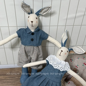 Handmade linen rabbit plush toys wearing denim outfits for home decor and kids gifts