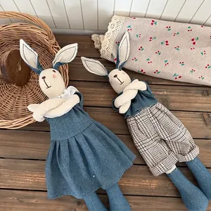 Handmade linen rabbit plush doll set in denim outfits for nursery home decor gifts