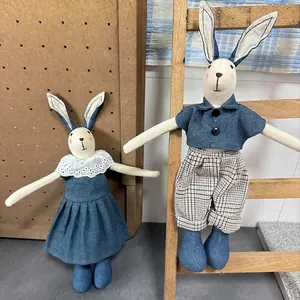 Handmade linen rabbit plush doll set in blue outfits with lace and plaid details