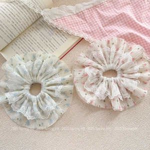 Sweet Floral Scrunchie With Lace Trim Pleated Fabric Hair Tie For Women Elegant Hair Accessories Ponytail Holder Hair Ring