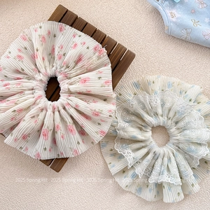 Floral chiffon scrunchies set with pink rose and blue lace patterns for hair