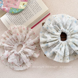 Floral scrunchies set with white lace embroidery in sweet pink and blue chiffon patterns