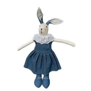 Handmade linen bunny doll in navy denim dress with white lace collar on white background