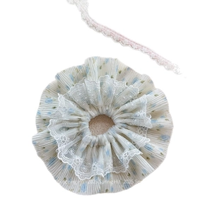 Sweet floral light blue chiffon scrunchie with delicate white lace trim for women