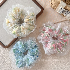 Scrunchie Floral en Filet de Mousseline Double Couche Style Coréen Avec Pois Élastique Cheveux Doux Champêtre Pour Femmes