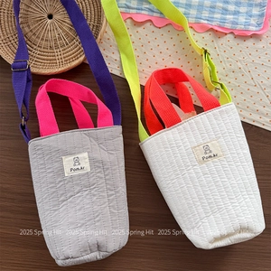 Korean Style Quilted Cotton Bucket Bag For Women Cute Cartoon Bear Contrast Color Adjustable Strap Crossbody Tote Bag