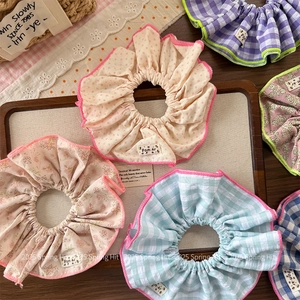 Korean Sweet Fabric Flower Plaid Scrunchies Ruffled Hair Ties For Children Girls Women Daily Versatile Hair Accessories