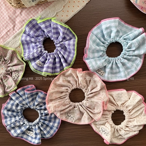 Set of six floral and checkered scrunchies in pastel colors for girls and women