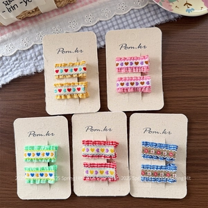 Handmade Checkered Fabric Heart Embroidery Snap Hair Clips Sweet Ruffled Gingham BB Clips For Kids Girls Daily Hair Accessories