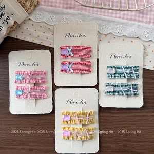 Set of 2 Korean style plaid ribbon bow hair clips with crystal accents on display card