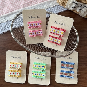 Handmade embroidered checkered fabric BB hair clips for girls in five assorted colors