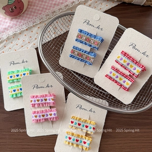 Set of 5 pairs of Korean style checkered embroidered hair clips for girls in vibrant colors