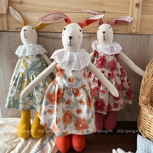 Nordic Style Cotton Linen Rabbit Doll Handmade Floral Dress Soft Stuffed Toy Home Decor Comforting Rabbit For Kids Room