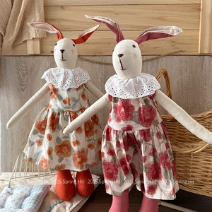 Pair of handmade cotton linen rabbit dolls in floral dresses with lace collars