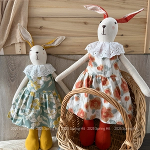 Nordic style handmade cotton linen rabbit dolls in floral dresses for home decoration