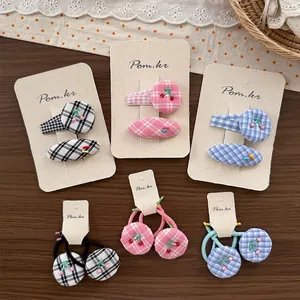 Cute Plaid Fabric Hair Clips And Cherry Beads Elastic Hair Ties For Girls Kids Sweet Checkered Pattern Hair Accessories