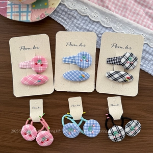 Cute Korean style plaid hair clips and elastic hair ties set with cherry and bead charms