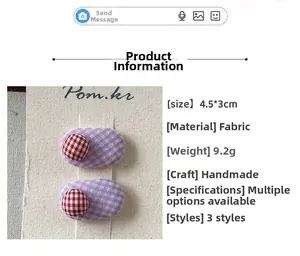 Detail view of purple plaid fabric hair clips with red button, size 4.5x3cm, 9.2g weight