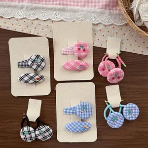 Cute plaid fabric hair clip and hair tie set with cherry decorations for girls