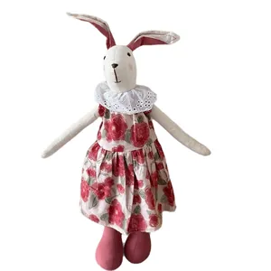 Nordic cotton linen stuffed rabbit doll in a floral red dress for nursery decor