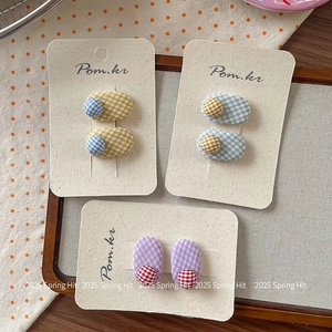 Three pairs of Korean style checkered fabric snap hair clips in vintage spring colors