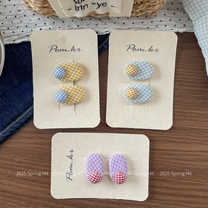 Sweet Plaid Fabric Hair Clips Gingham Round Button Bangs Clips Handmade Hair Accessories For Children Girls Daily Wear