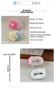 Detail showing 3.5x2cm handmade fabric flower hair clips with metal duckbill back
