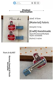 Détails de la pince à cheveux en denim avec broderie d'ours et motif de cœur