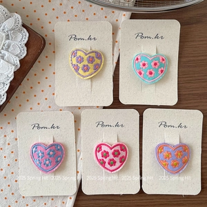 5-piece set of heart-shaped floral embroidered hair clips in vibrant candy colors