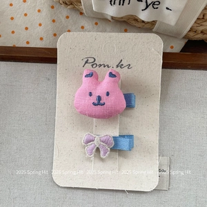 Lot de barrettes pour filles avec lapin brodé rose et nœud en tissu violet sur carte