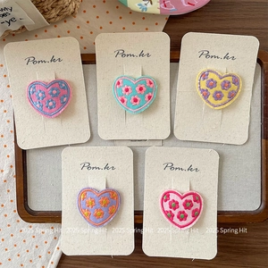 Sweet Heart Flower Embroidery Fabric Snap Hair Clip Korean Style Handmade Floral Barrette For Girls Kids Hair Accessories