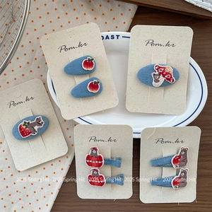 Barrettes à cheveux douces style coréen avec broderie ours et pomme sur denim